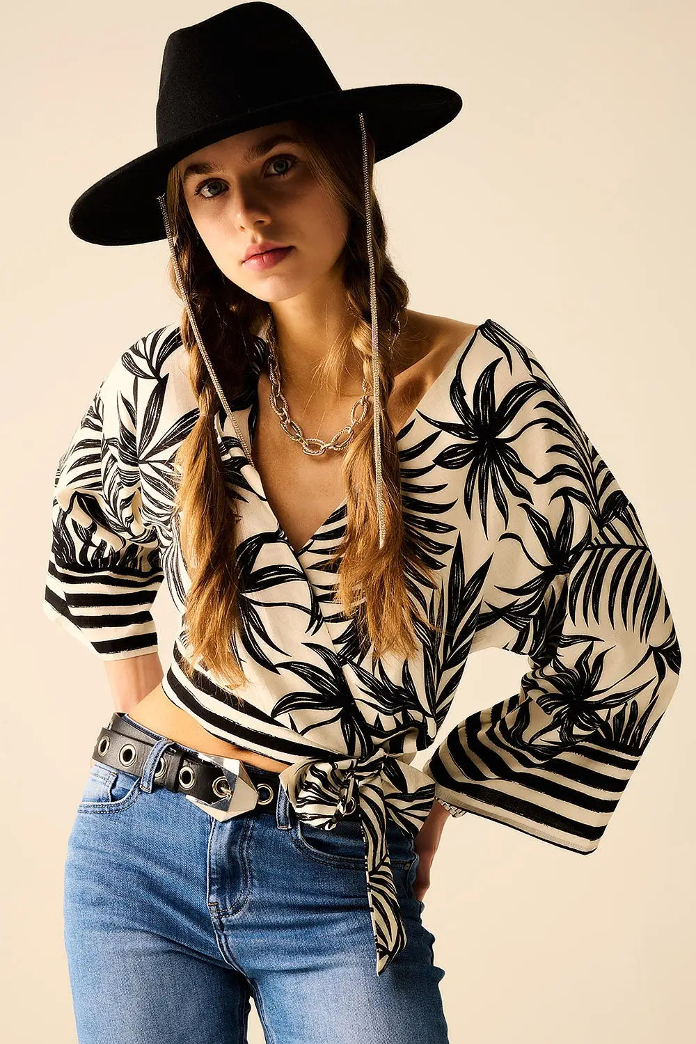 Cropped Top In White With Tropical Motif in Black - Shirts