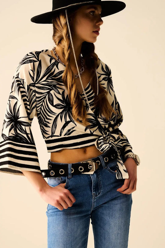 Cropped Top In White With Tropical Motif in Black - Shirts