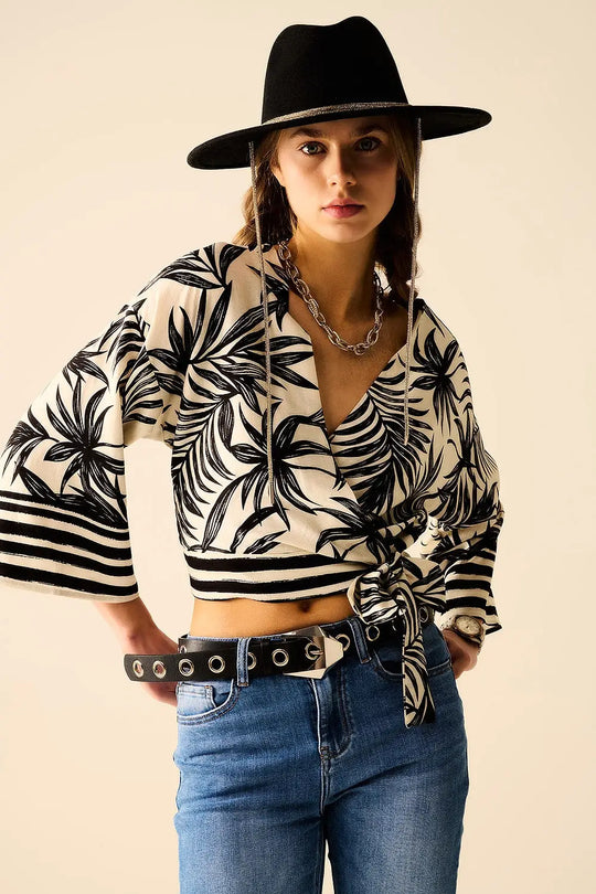 Cropped Top In White With Tropical Motif in Black - Shirts