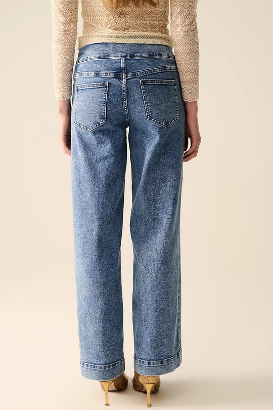 Straight Leg Marine Jeans With Gold Buttons in Mid Wash