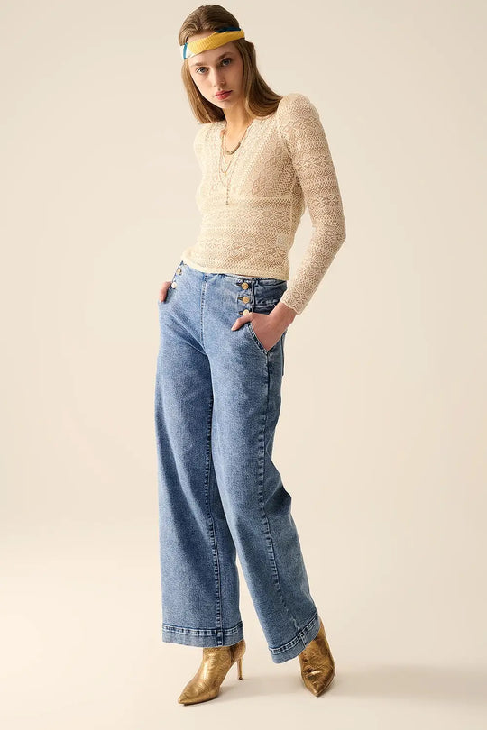 Straight Leg Marine Jeans With Gold Buttons in Mid Wash