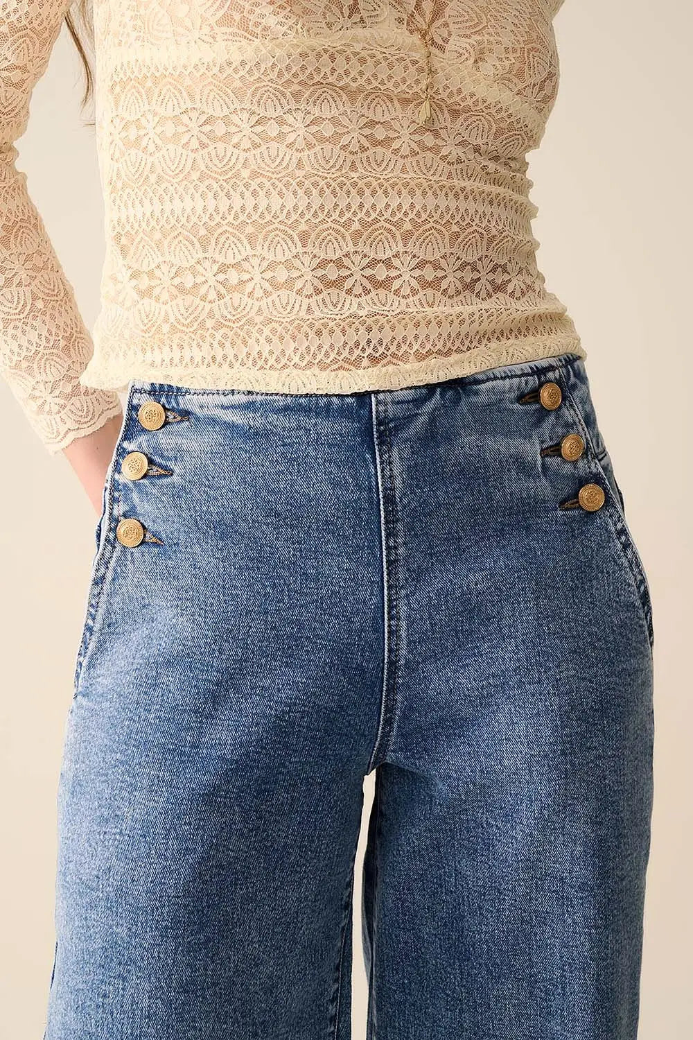 Straight Leg Marine Jeans With Gold Buttons in Mid Wash
