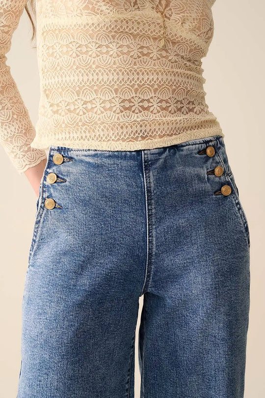 Straight Leg Marine Jeans With Gold Buttons in Mid Wash