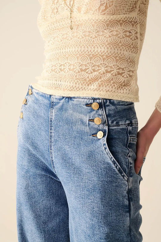 Straight Leg Marine Jeans With Gold Buttons in Mid Wash