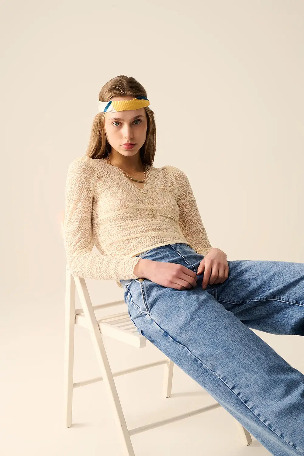 Romantic V-neck Lace Top With Long Sleeves in beige - Tops
