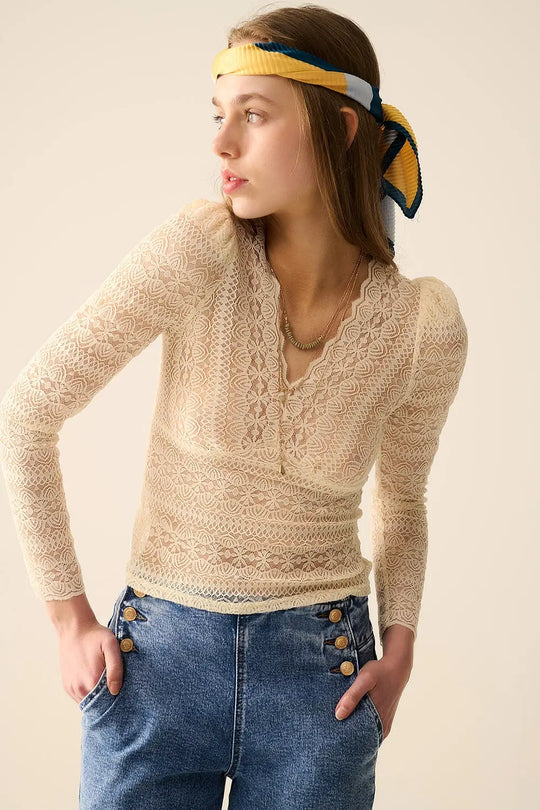 Romantic V-neck Lace Top With Long Sleeves in beige - Tops