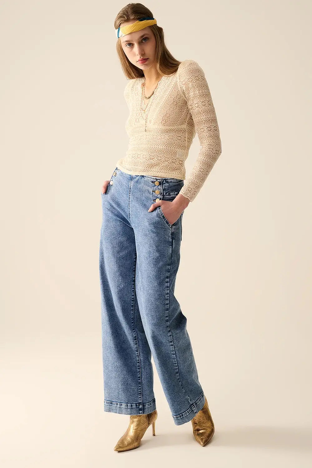 Romantic V-neck Lace Top With Long Sleeves in beige - Tops