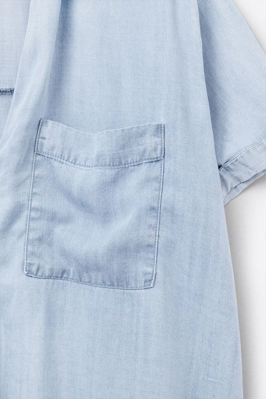 Short Sleeve Tencel Shirt With Chest Pocket in Blue - Shirts Tops