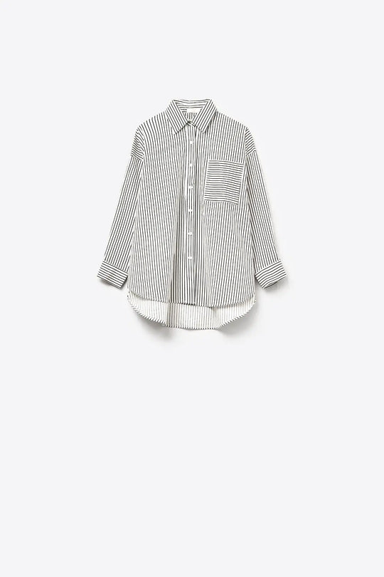 High-Low Oversized Striped Shirt With Chest Pocket in Black and White - Shirts