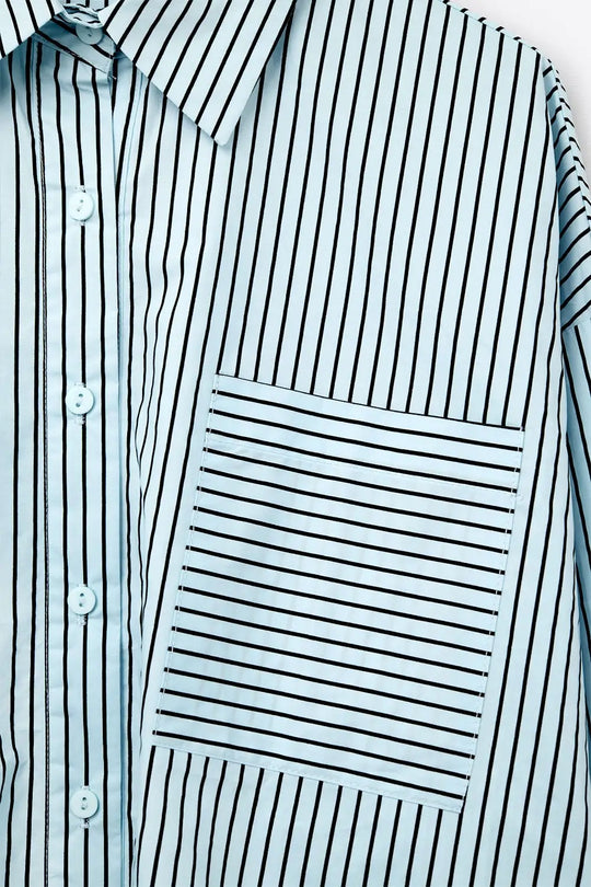 High-Low Oversized Striped Shirt With Chest Pocket in Black and Blue - Shirts