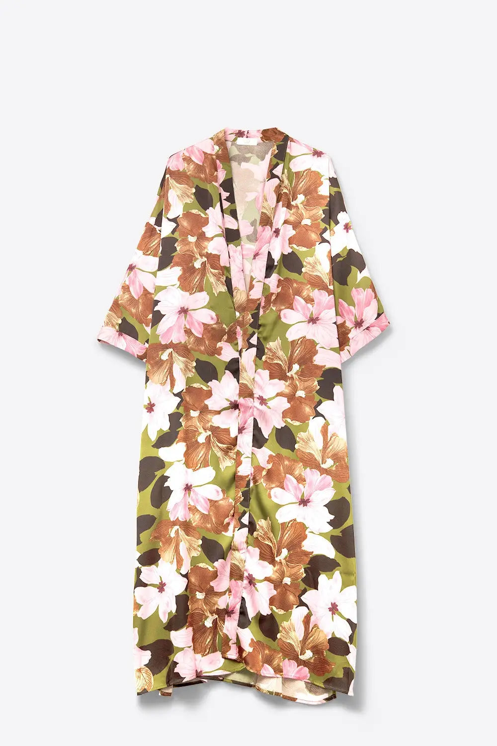 Satin Tropical Floral Kimono in Olive Green - Dresses