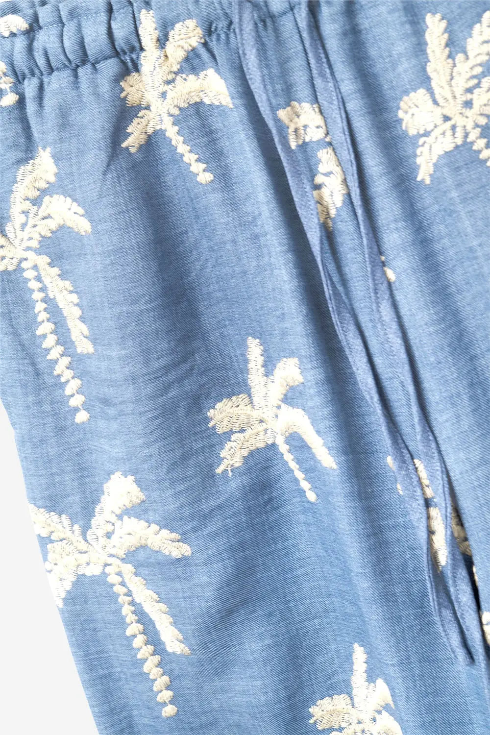 Blue Wide-Leg Trousers with beige Palm Tree Embroidery - Pants