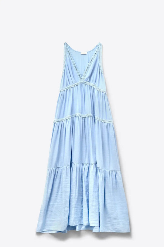 Flowy Maxi Dress with Lace Inserts in Light Blue - Dresses