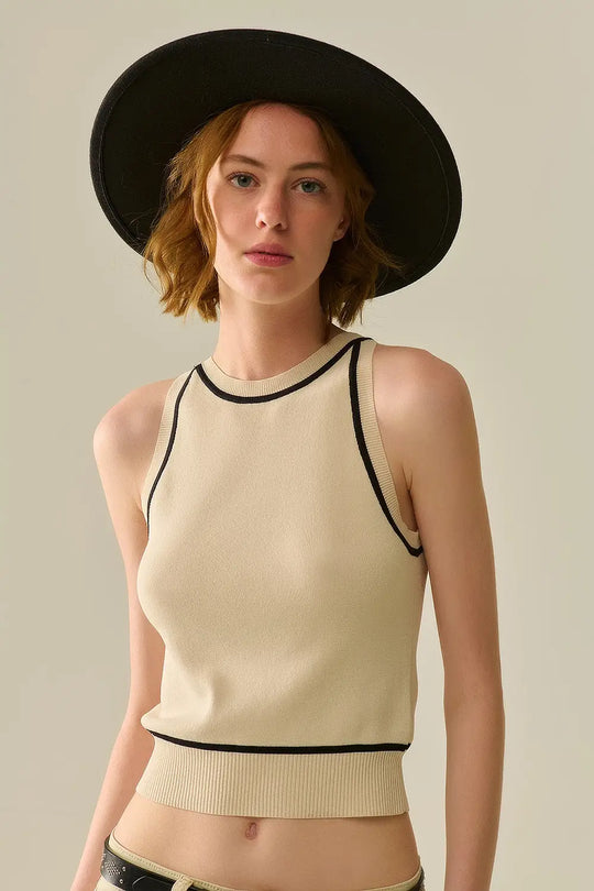 Sleeveless Sweater In Beige Featuring detail Black Lines - BEIGE / ONE - Tops