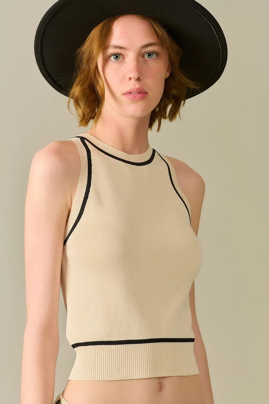 Sleeveless Sweater In Beige Featuring detail Black Lines - BEIGE / ONE - Tops