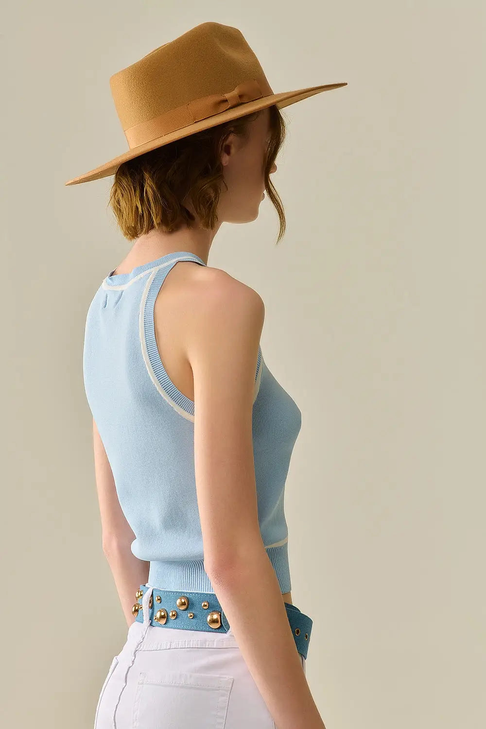 Sleeveless Sweater In Blue Featuring White Lines detail - BLUE / ONE - Tops