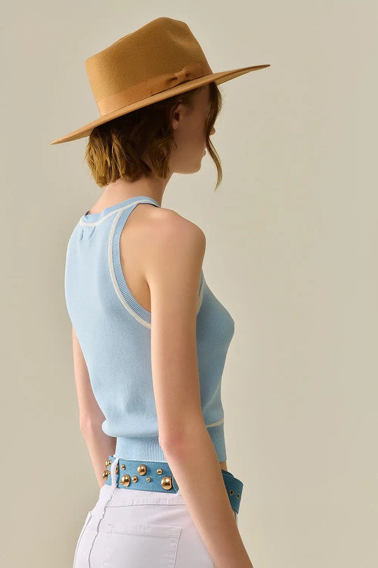 Sleeveless Sweater In Blue Featuring White Lines detail - BLUE / ONE - Tops