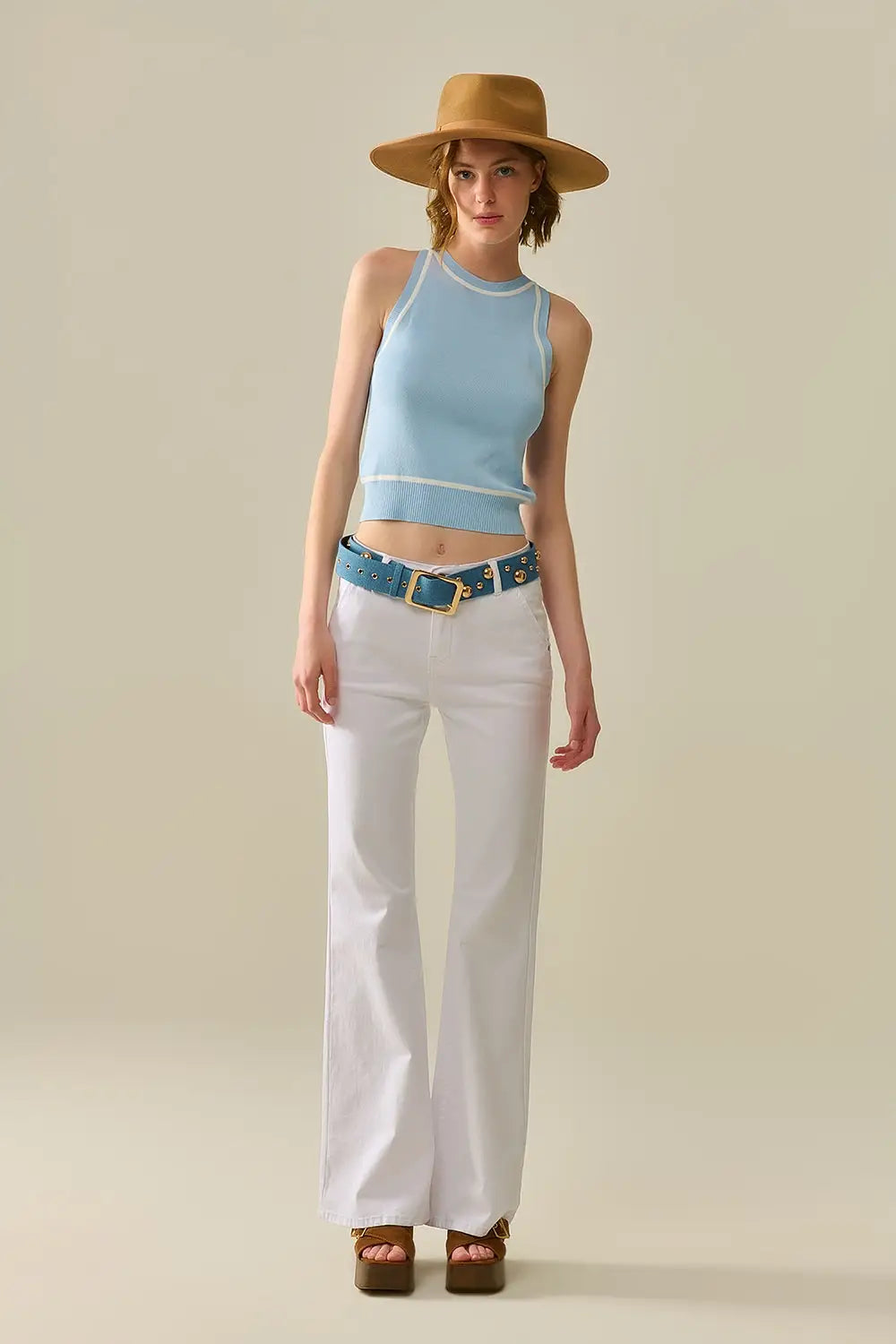 Sleeveless Sweater In Blue Featuring White Lines detail - BLUE / ONE - Tops