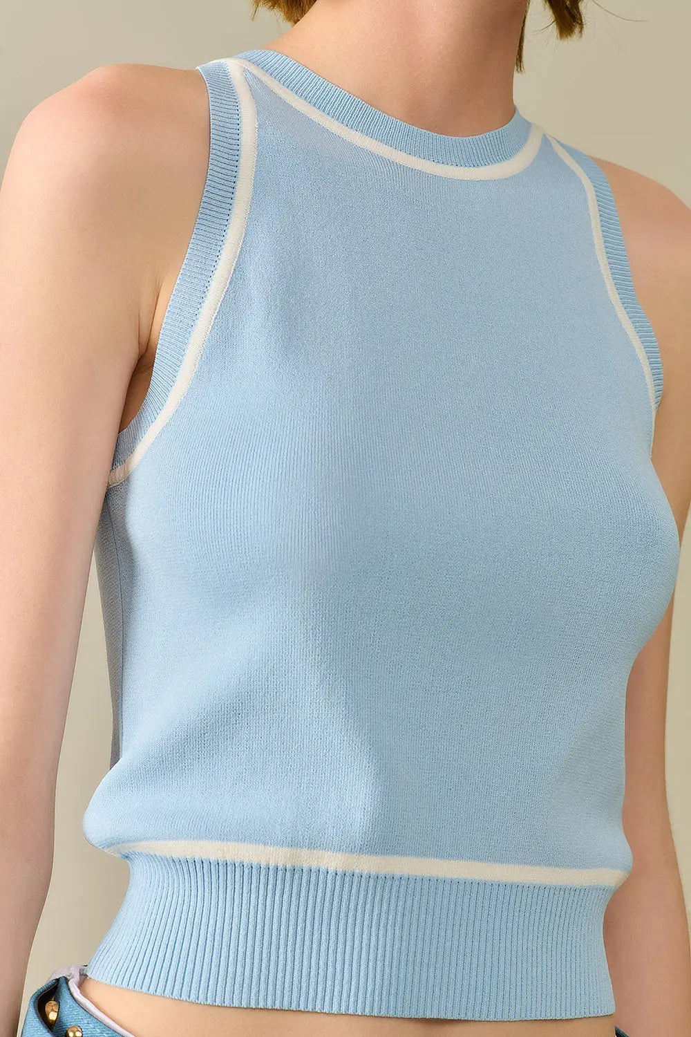 Sleeveless Sweater In Blue Featuring White Lines detail - BLUE / ONE - Tops