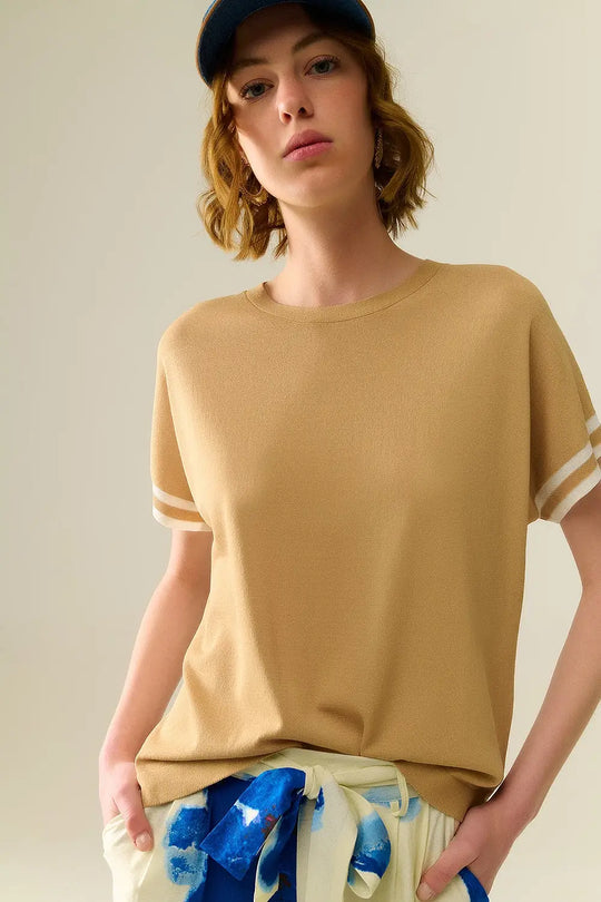 Sweater In Camel with white contrast detail - CAMEL / ONE - Sweaters