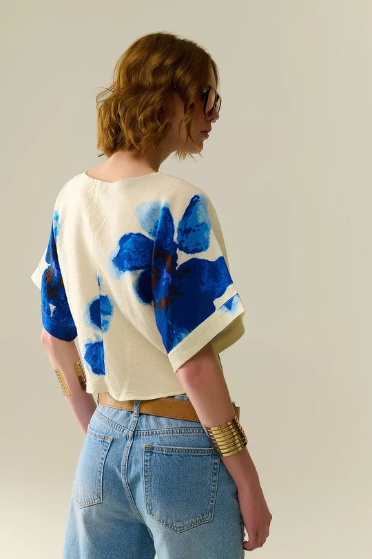 Cropped white Blouse With Tropical Floral Print in Blue - Shirts Tops