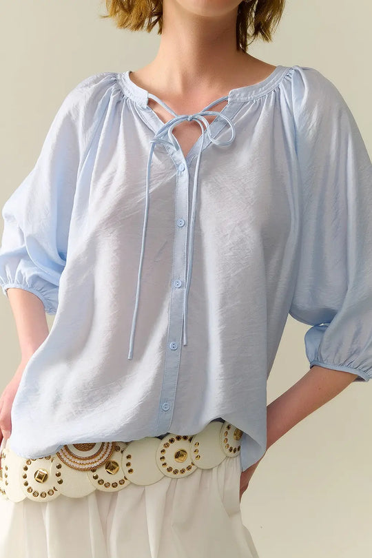 Baby Blue chiffon Top With Puffed Sleeves - Shirts