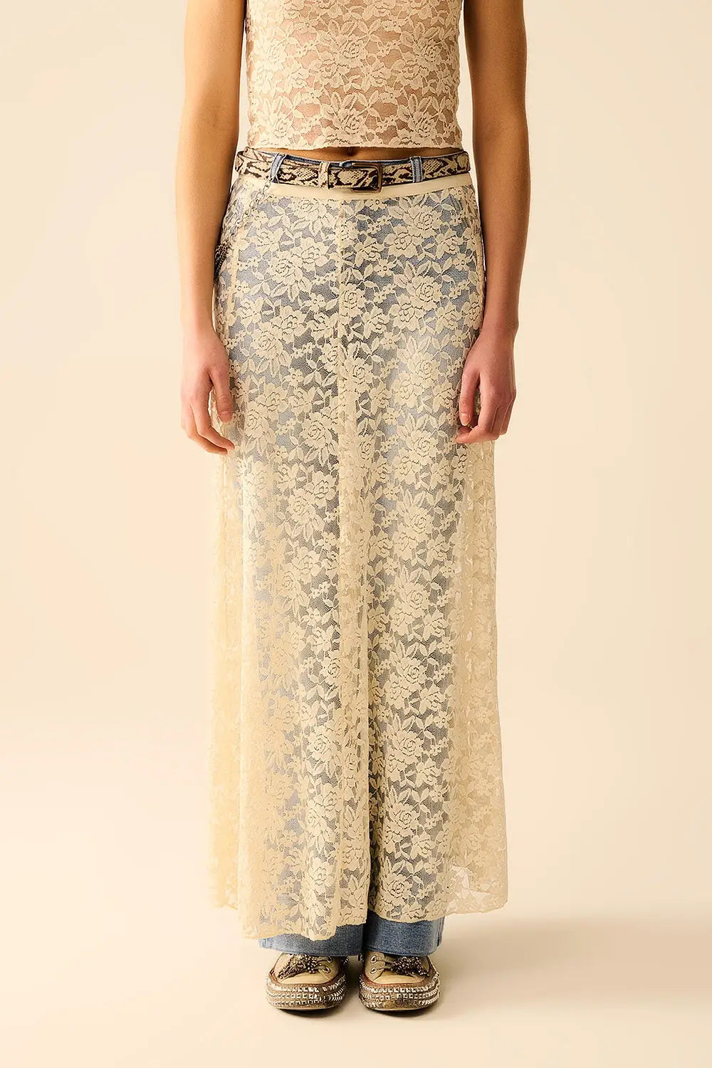 Beige Lace maxi Skirt With Floral design - Skirts