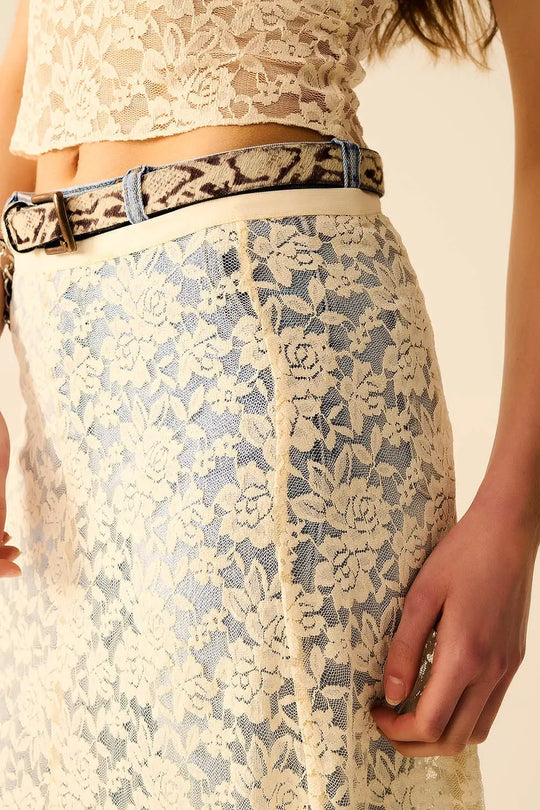 Beige Lace maxi Skirt With Floral design - Skirts