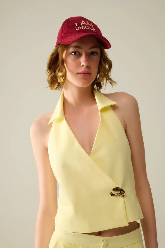Yellow wrap vest with detailed gold button - Tops