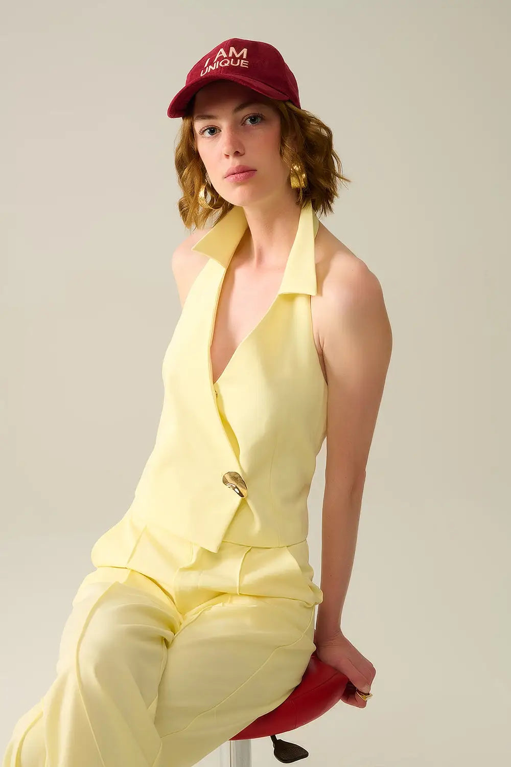 Yellow wrap vest with detailed gold button - Tops