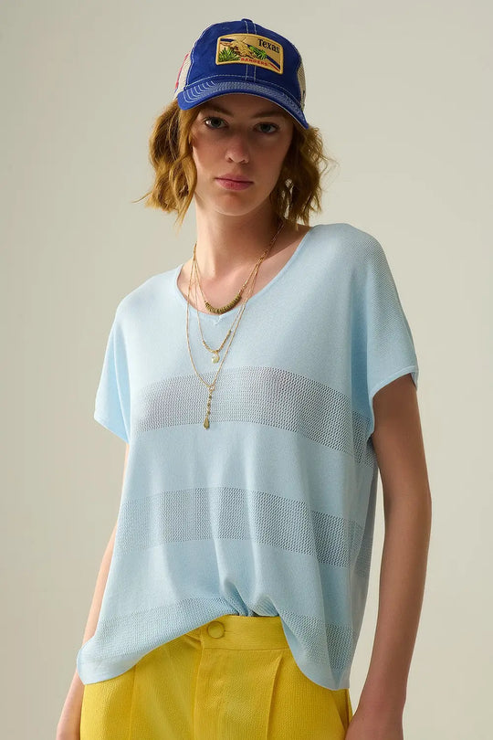 Baby Blue V-neck sweater with open knit detail - BLUE / ONE - Sweaters