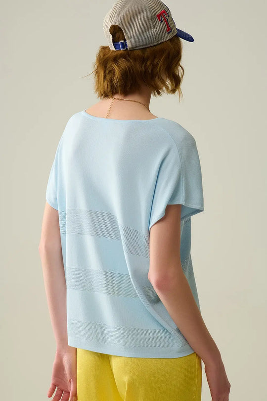Baby Blue V-neck sweater with open knit detail - BLUE / ONE - Sweaters