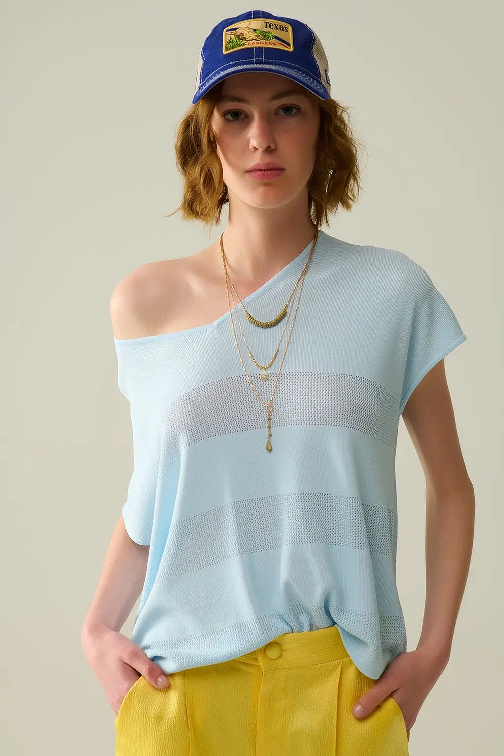 Baby Blue V-neck sweater with open knit detail - BLUE / ONE - Sweaters