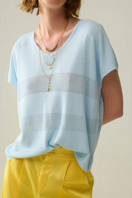 Baby Blue V-neck sweater with open knit detail - BLUE / ONE - Sweaters