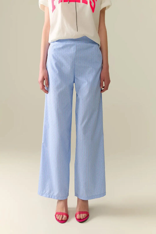 Blue Striped wide Leg Pants With strass Embellishment - Pants