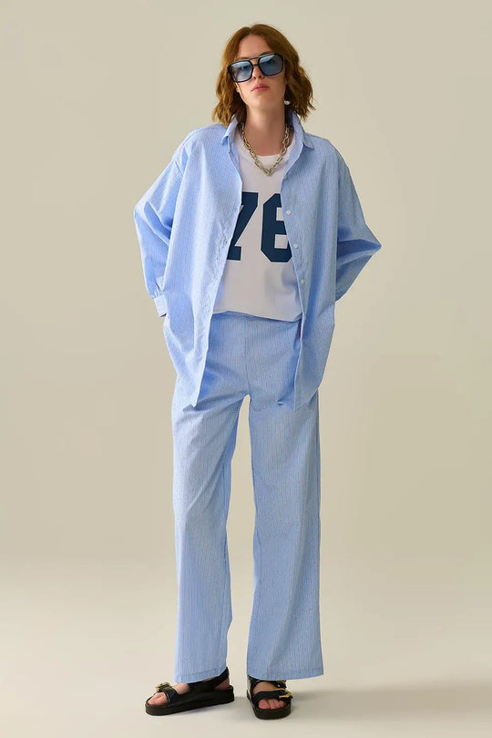 Blue Striped wide Leg Pants With strass Embellishment - Pants