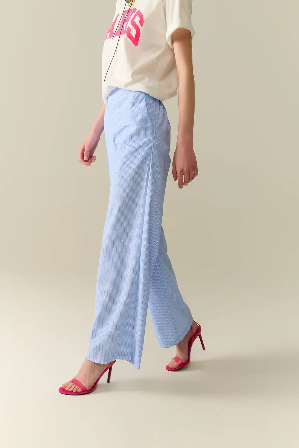 Blue Striped wide Leg Pants With strass Embellishment - Pants