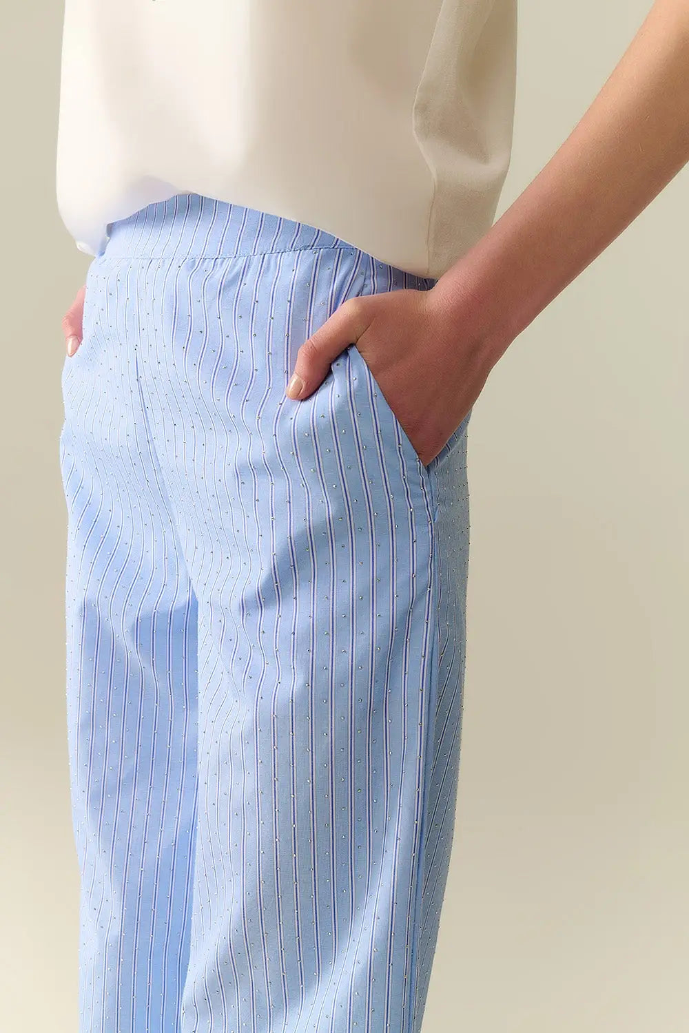 Blue Striped wide Leg Pants With strass Embellishment - Pants