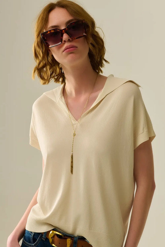 fine knit polo shirt in beige with short sleeves - BEIGE / ONE - Polos