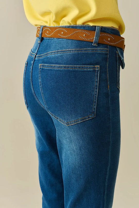 medium wash flared jeans with pockets