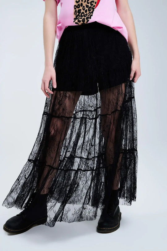 Maxi Black Lace Skirt with Floral Print - Skirts