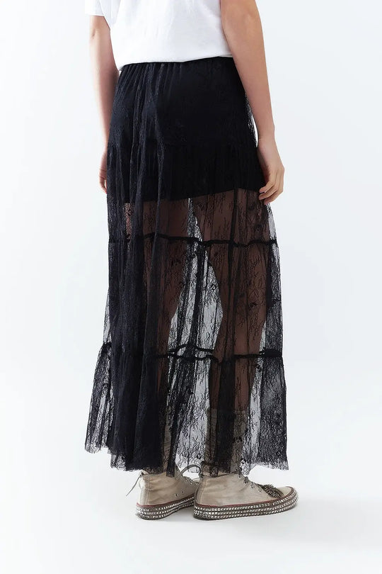 Maxi Black Lace Skirt with Floral Print - Skirts