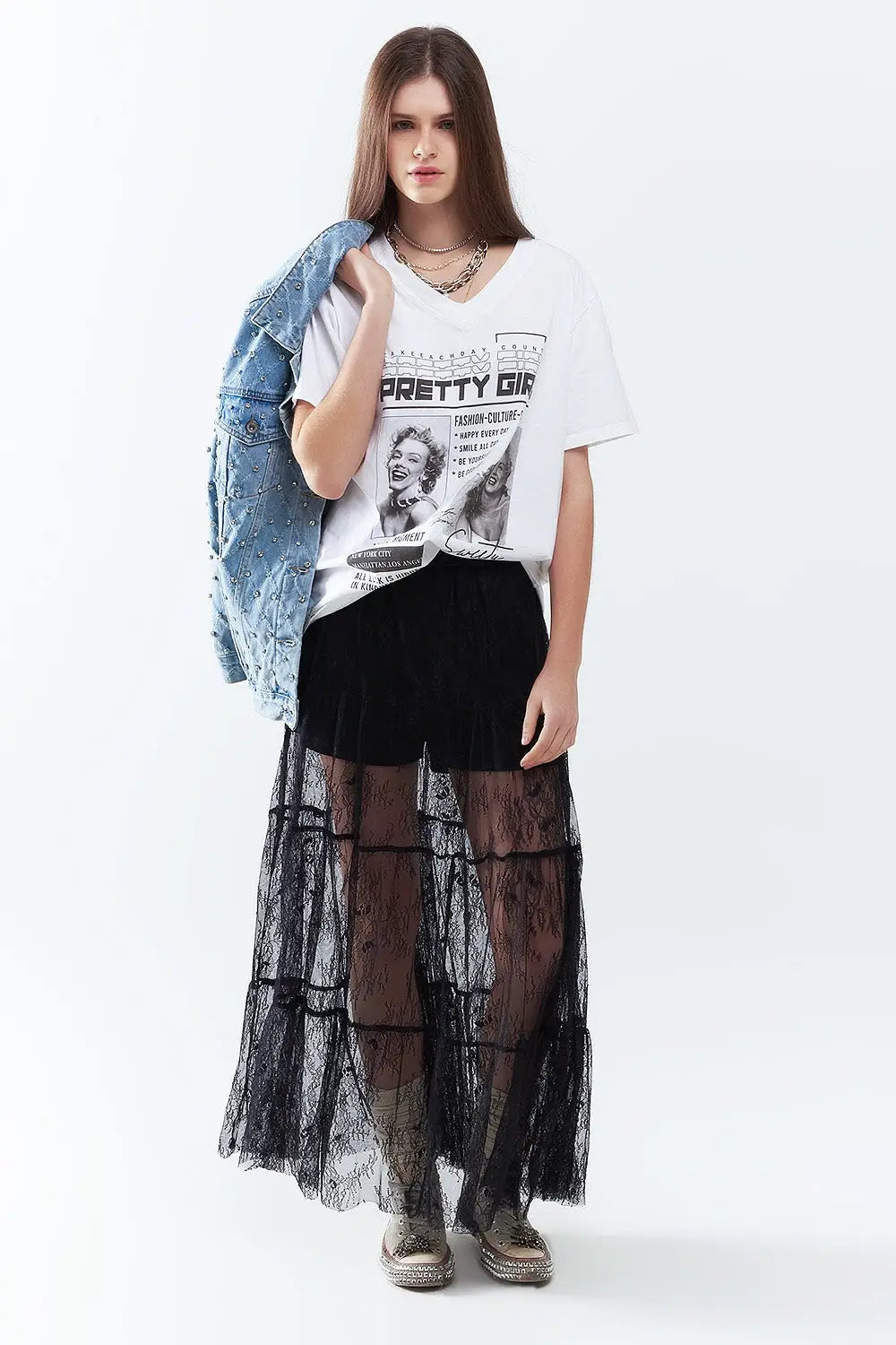 Maxi Black Lace Skirt with Floral Print - Skirts