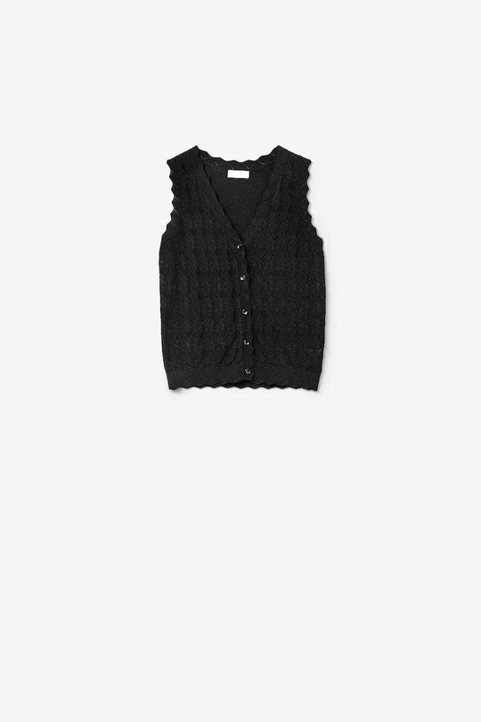 Pointelle Knitted Vest With Scalloped Edges in Black - BLACK / ONE - Sweaters