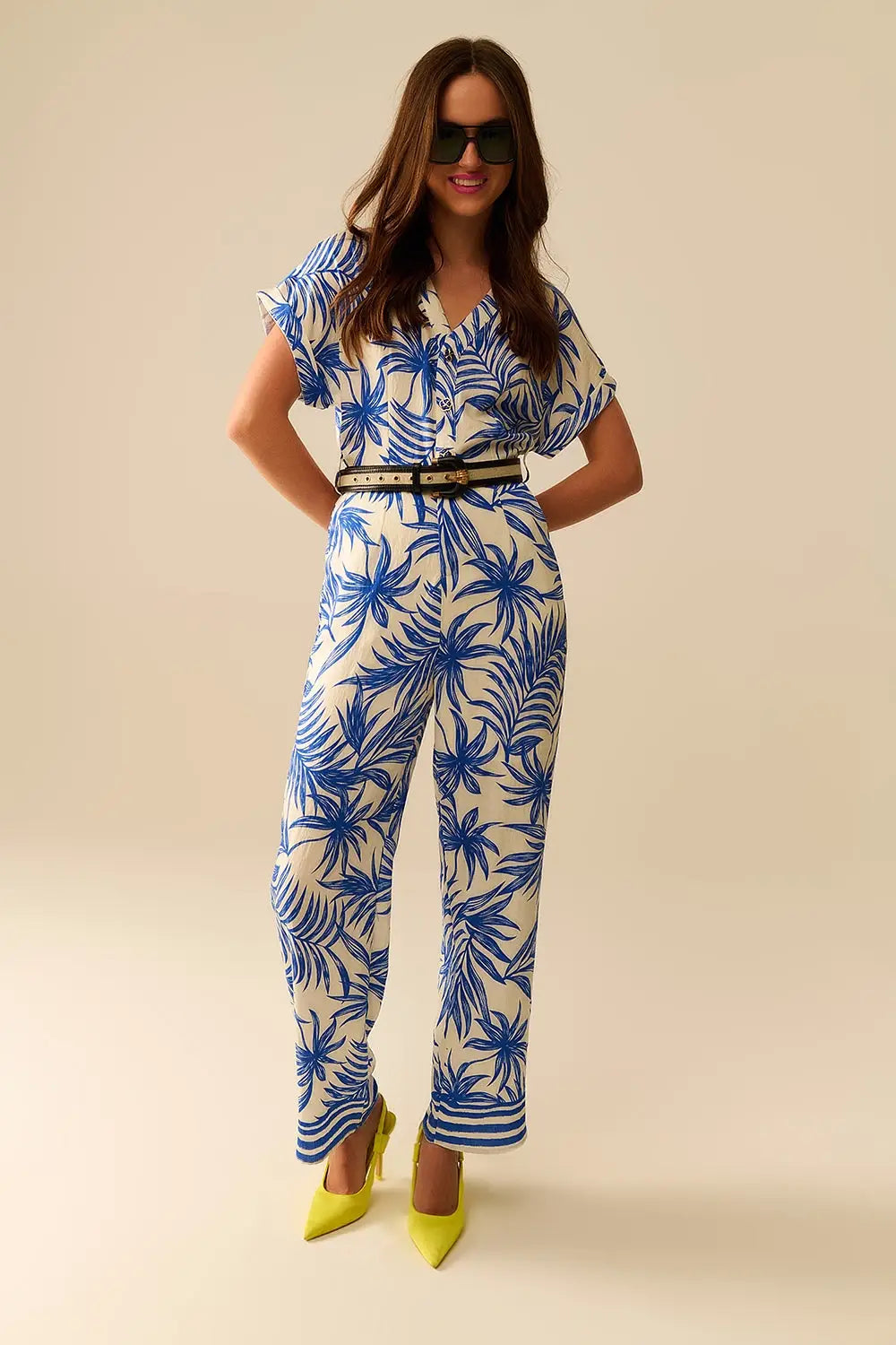 Tropical Motif Short Sleeve Jumpsuit in blue and white - Jumpsuits