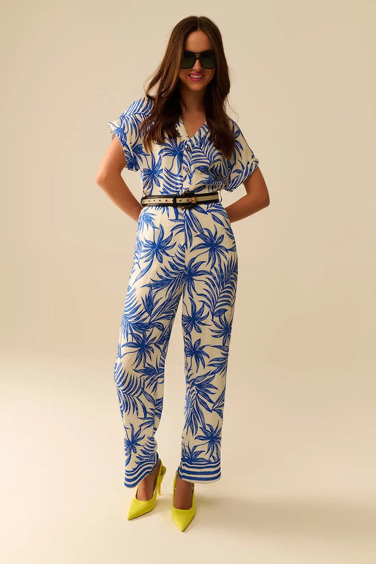 Tropical Motif Short Sleeve Jumpsuit in blue and white - Jumpsuits