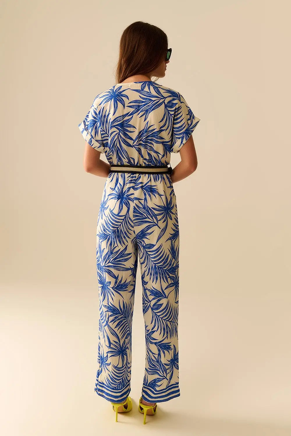 Tropical Motif Short Sleeve Jumpsuit in blue and white - Jumpsuits