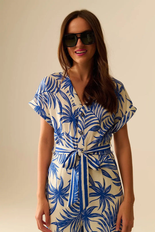 Tropical Motif Short Sleeve Jumpsuit in blue and white - Jumpsuits