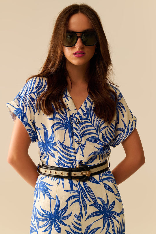 Tropical Motif Short Sleeve Jumpsuit in blue and white
