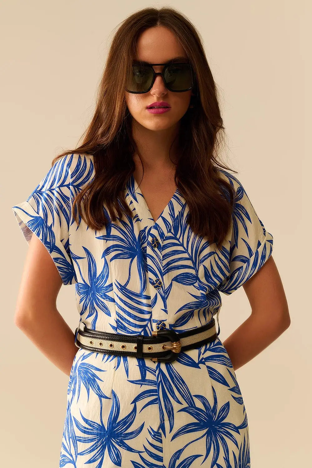 Tropical Motif Short Sleeve Jumpsuit in blue and white - Jumpsuits